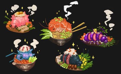 Magic Food Art, Fantasy Food Ideas, Fantasy Food Art, Dnd Food, Bug Food, Magic Food, Monster Food, Fantasy Food, Chibi Food