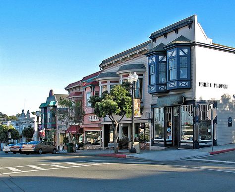 Wonderful pic of my favorite little town -Pacific Grove. I've been on that block so many times, and never tire of it.   Victorian storefronts on Lighthouse Avenue in Pacific Grove Pacific Grove California, Monterey Ca, Monterey California, Monterey Peninsula, Carmel Valley, Pacific Grove, Carmel By The Sea, California Vacation, Dream Beach