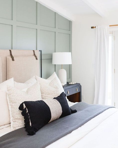 South Harlow Interiors on Instagram: “Soft earth tones are our jam! This grid board and batten wall in a soothing sage green has really won our hearts 🙌🏼 // Photography by…” Acacia Haze, Soothing Bedroom, Pitched Ceiling, Moore House, Bedroom Scene, Board And Batten Wall, Favorite Paint Colors, Green Paint Colors, Bedroom Panel