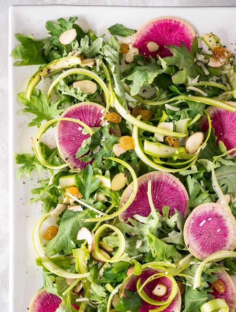 Watermelon Radish Salad, Lemon Basil Vinaigrette, Radish Greens, Different Salads, Watermelon Radish, Radish Salad, Watermelon Salad, Spring Salad, Watermelon Recipes