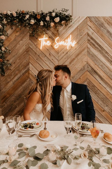 Wedding Neon Sign Backdrop, Wood Backdrop Wedding, Neon Sign Backdrop, Renault Winery, Wedding Photo Walls, Outdoor Tent Wedding, Wooden Backdrops, Reception Backdrop, Wedding Reception Backdrop