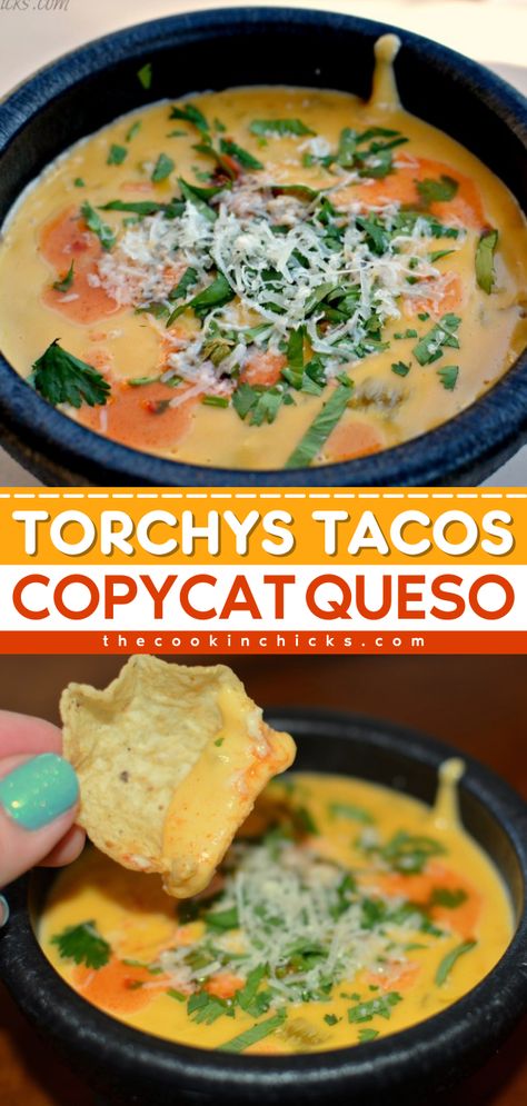 This dip is the perfect game day recipe! Smooth and creamy, this copycat Torchy's Queso is pretty darn close to the original. Complete your party snack ideas and easy appetizer recipes with this homemade queso! Torchy Tacos Queso Recipe, Torchys Queso Recipe, Copycat Queso, Best Copycat Recipes, Torchys Tacos, Queso Dip Recipe, Queso Dip Recipes, Chicke Recipes, Queso Recipe