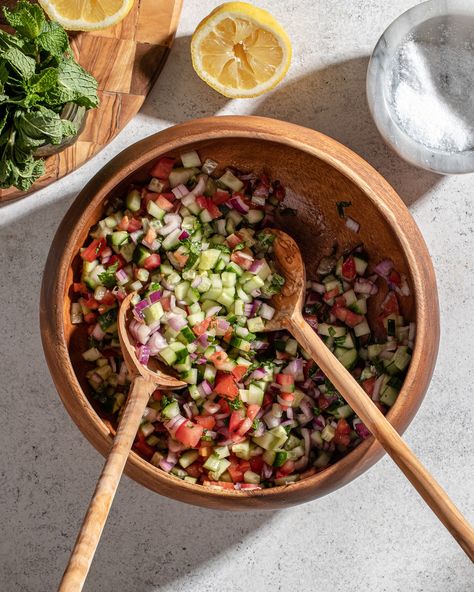 Mediterranean Cucumber Salad (Salad Shirazi) - Shred Happens Salad Shirazi, Shred Happens, Mediterranean Cucumber, Mediterranean Cucumber Salad, Shirazi Salad, Mediterranean Salad Recipe, Spicy Garlic Shrimp, Cucumber Salad Recipe, Frozen Salmon