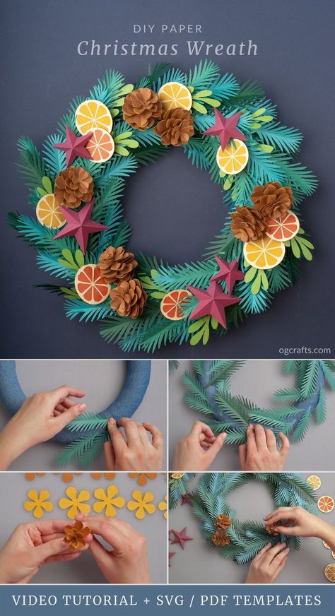 This DIY paper wreath with pine cones, orange slices, and stars will become a wonderful embellishment for your home in winter, especially at Christmas. Join our crafting community, watch the video tutorial and download SVG / PDF templates to learn how you can make it! #diypaperdecor #christmaswreath #cricutcrafts #ogcrafts Paper Christmas Wreath, Christmas Wreath Tutorial, Paper Wreath Diy, Home In Winter, Christmas Wreaths Diy Easy, Paper Wreath, Paper Flower Crafts, Christmas Wreaths To Make, Paper Flowers Craft