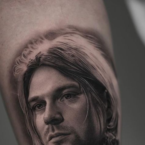 Kurt Cobain Tattoo, Portrait Tattoos, November 11, Music Legends, Art Black, Kurt Cobain, Nirvana, All The Way, Black Grey