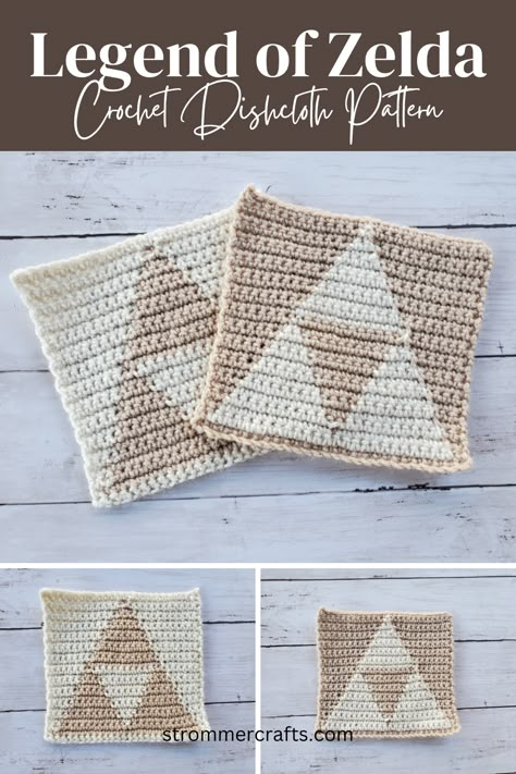 Learn to crochet these wonderful crochet legend of zelda triforce dishcloths! #crochetzelda #crochetlegendofzelda Crochet Zelda Blanket, Crochet Legend Of Zelda, Crochet Legend, Legend Of Zelda Crochet, Zelda Crochet, Zelda Pattern, Crochet Dishcloth Pattern, Legend Of Zelda Triforce, Zelda Triforce