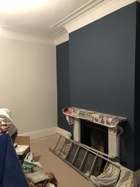 Navy Chimney Wall, Navy Living Room Panelling, Small Navy Living Room, Dark Chimney Feature Wall, Dark Blue Living Room Accent Wall, Dark Grey Feature Wall Living Room, Navy Panelling Living Room, Navy Blue Feature Wall Living Room, Navy Feature Wall Living Room