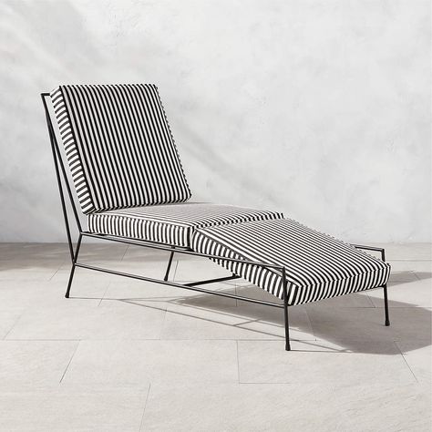 Pavilion Black Outdoor Patio Chaise Lounge Chair with Striped Sunbrella Cushion Model 6530 | CB2 Metal Lounge Chair Outdoor, Modern Outdoor Lounge Chair, Patio Lounge Furniture, Metal Outdoor Chairs, Modern Outdoor Chairs, Modern Outdoor Patio, Teak Lounge Chair, Pool Chairs, Outdoor Chaise Lounge Chair