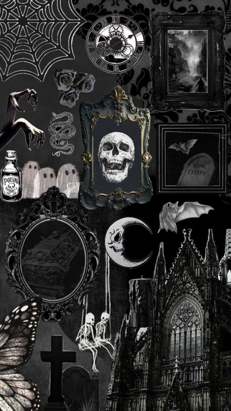 #spooky #halloween #black #dark #ghost #bats #moon #hauntedhouse #haunted #collage #spookyseason #art Gothic Computer Wallpaper, Spooky Laptop Wallpaper, Aethstetic Wallpapers, Black Iphone Background, Skulls Wallpaper, Black Skulls Wallpaper, Spooky Background, Dark Ghost, 9 Birthday