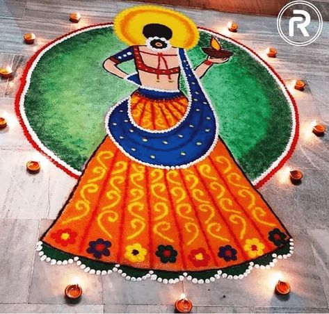 Rangoli Designs Of Girl, Diwali Rangoli Design Girl, Girl Rangoli Designs For Diwali, Figure Rangoli, Girl Rangoli Designs, Diwali Rongali, Vagh Baras Rangoli, Rongali Design, Girl Rangoli