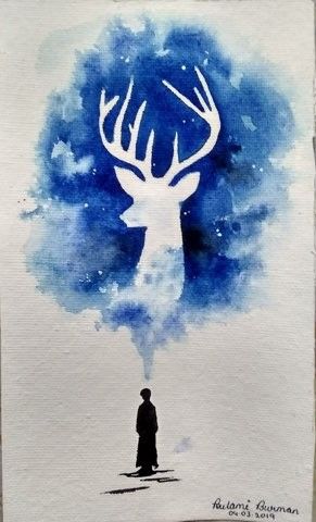 Harry Potter Patronus Wallpaper, Harry Potter Watercolour Painting, Harry Potter Acrylic Painting Ideas, Watercolour Harry Potter, Harry Potter Easy Painting, Patronus Painting, Harry Potter Art Drawings Easy, Harry Potter Aesthetic Painting, Hogwarts Painting Easy