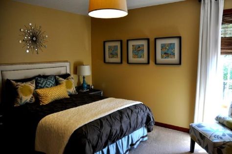 How to Decorate Your Bedroom With Yellow: Contemporary Mustard Yellow Bright Bedroom Colors, Mustard Bedroom, Yellow Bedroom Walls, Blue Green Bedrooms, Mustard Yellow Walls, Yellow Bedroom Decor, Yellow Room, Yellow Living Room, Bedroom Images