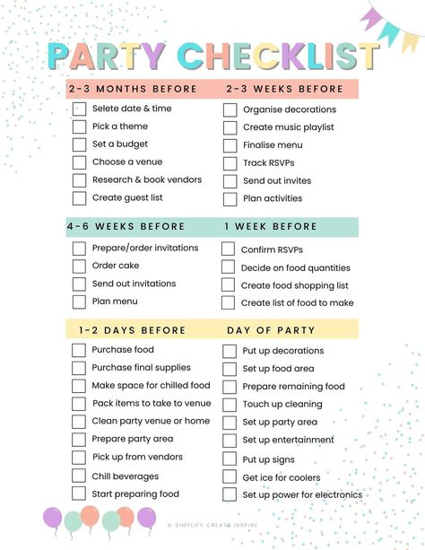 How To Decide Who To Invite To A Birthday Party, Steps To Planning A Birthday Party, Food List For Birthday Party, Birthday Planing Ideas, Things To Have At Your Birthday Party, How To Plan Your Birthday Party, Party Supply List Checklist, How To Set Up A Birthday Party, Places To Do Your Birthday