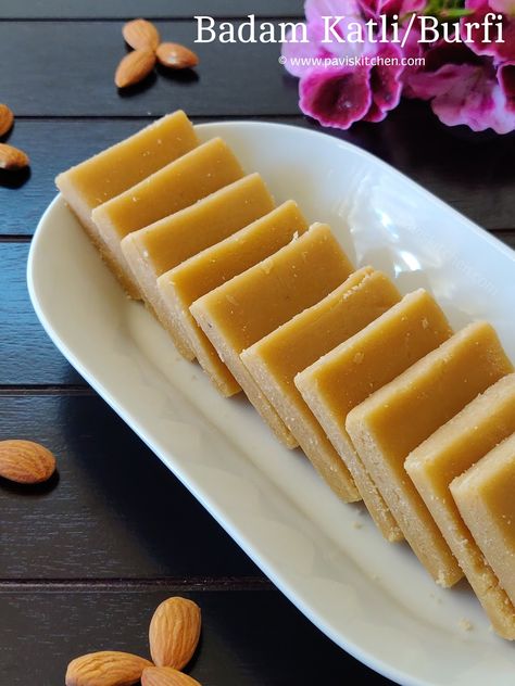 Badam Katli, Halal Desserts, Pakistani Desserts, Easy Indian Dessert Recipes, Almond Fudge, Easy Indian Dessert, Ghee Recipe, Burfi Recipe, Almond Flour Recipes