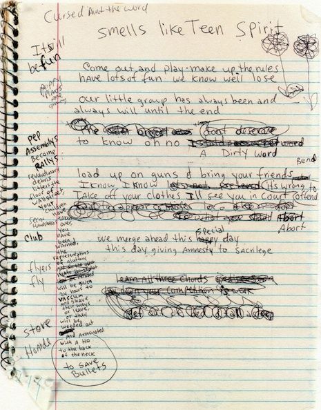 Kurt Cobain’s ‘Smells Like Teen Spirit.’ Magic Notebook, Nirvana Lyrics, Joey Ramone, Smells Like Teen Spirit, Famous Words, A Notebook, Jim Morrison, Find A Job, Kurt Cobain