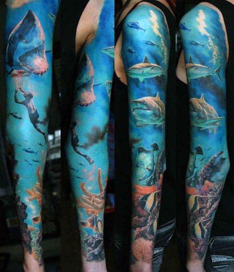 40 Ocean Sleeve Tattoos For Men - Underwater Ink Design Ideas Full Arm Sleeve Tattoo, Voll Arm-tattoos, Underwater Tattoo, Ocean Sleeve Tattoos, Ocean Sleeve, Octopus Tattoos, Sea Tattoo, Men Tattoos, Full Arm Tattoos