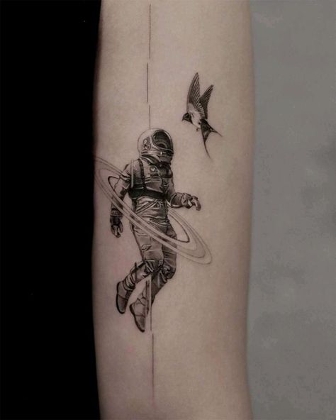 Micro Realism Tattoo, Space Tattoo Sleeve, Micro Realism, Leo Tattoo Designs, Sky Tattoos, Small Neck Tattoos, Astronaut Tattoo, Nerd Tattoo, Universe Tattoo