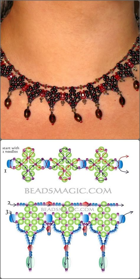 Beading Projects Necklaces, Seed Bead Necklace Patterns, Diy Necklace Patterns, Beaded Necklace Patterns, Beading Netting, Bead Tutorials, Beaded Jewelry Tutorials, Necklace Patterns, Seed Bead Tutorial