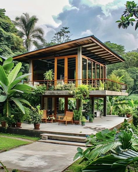 Beautiful House Tropical Wood House, Caribbean House, Beach House Exterior Tropical, Tropical Stilt House Design, Carribean House, Elevated House Design, Small Tropical House Design Indonesia, Thai Stilt House, Costa Rica Jungle House