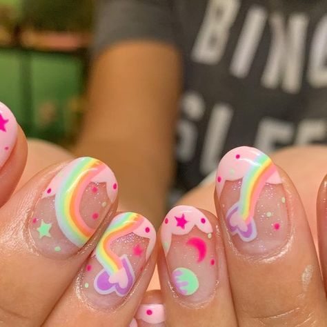 Hey, Nice Nails! on Instagram: "Pastel rainbow galaxy cloud tips for Marlene! 💕 swipe over to see the @carebears inspo she brought in" Birthday Nails Ideas Short, Carebear Nails Designs, Care Bears Nail Art, Cute Rainbow Nails, Cute Pastel Nails, Care Bears Nails, Care Bear Nails, Pastel Rainbow Nails, Cloud Nails