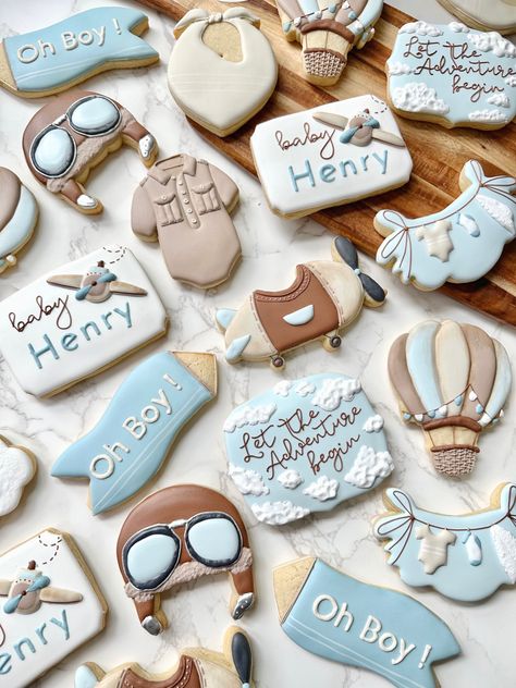 Aviator Theme Party, Time Flies Birthday Cookies, Time Flies Cookies, Travel Theme 1st Birthday Party, Airplane Baby Shower Cookies, Vintage Travel Baby Shower Theme, Pilot Baby Shower Theme, Aviation Baby Announcement, Explorer Baby Shower Theme