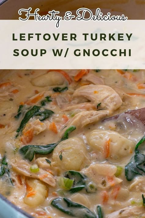 This Creamy Leftover Turkey Soup with Gnocchi makes the most out of that leftover Thanksgiving (or Christmas) turkey that has been sitting in your fridge! Hearty and delicious, this easy soup recipe with leftover turkey will warm you up from inside out. Soup With Gnocchi, Planter Screen, Cream Of Turkey Soup, Easy Turkey Soup, Turkey Soup From Carcass, Creamy Turkey Soup, Soups And Stews Recipes, Ground Turkey Soup, Leftover Turkey Soup