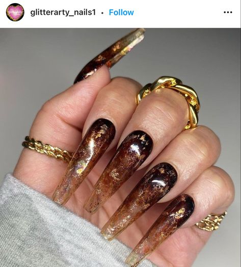 Quartz Nails, Brown Acrylic Nails, Gold Nail Designs, Quartz Nail, Her Nails, Work Nails, Short Acrylic Nails Designs, Foil Nails, Crystal Nails