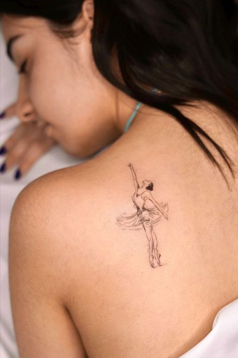 Gorgeous Micro Realism Ballerina Tattoo - EXP Haus Tattoo Studio London Fine Line Inspired Tattoo, Dancer Tattoos For Women, Ballet Fine Line Tattoo, Realistic Fine Line Tattoo, Fine Line Ballerina Tattoo, Dance Inspired Tattoos, Fine Line Woman Tattoo, Ballet Tattoo Ideas, Ballet Tattoo Minimalist