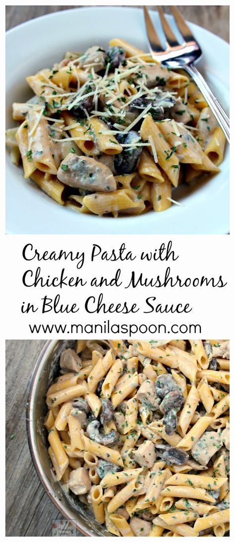 Pasta With Chicken And Mushrooms, Blue Cheese Pasta, Pasta Sausage, Blue Cheese Recipes, Chicken And Mushrooms, Pasta With Chicken, Blue Cheese Sauce, Party Food Dessert, Cheese Pasta