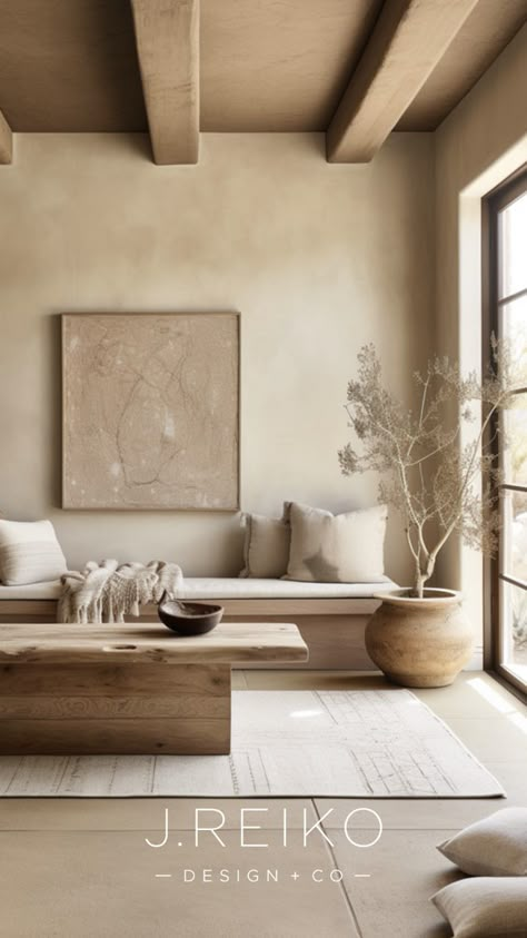 Wabi Sabi Living Room Design Wabi Sabi Lounge, Wabi Sabi Small Living Room, Stucco Living Room, Wabi Sabi Paint Color, Wabi Sabi Colour Palette, Wabi Sabi Palette, Wabi Sabi Living Room Tv, Wabi Sabi Moodboard, Wabi Sabi Tv Unit