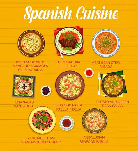 Spanish cuisine menu with restaurant dishes Spanish Menu, Spanish Restaurant, Seafood Paella, Spanish Cuisine, Restaurant Dishes, Diy Skin Care Recipes, Bean Stew, Stew Meat, Seafood Pasta