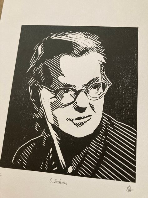 This carved portrait of American writer and novelist Shirley Jackson was hand made then hand printed in black ink onto white Kent paper. The image is on A5 paper (approx).  The item can be mounted and/or framed at an additional cost. Each print is carved and printed by hand, which includes small variations inherent in the process, making each one an original piece of art. The print will be wrapped in brown paper, contained within a clear plastic wallet and mailed in a hard backed envelope Block Print Portrait, Linoprint Portrait, Linocut Portrait, Plastic Wallet, Shirley Jackson, Linoleum Print, Linoleum Block, Lino Cut, A Level Art