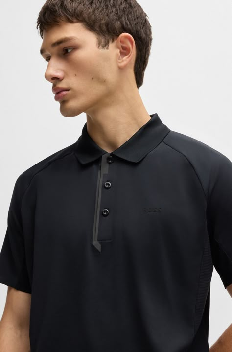 BOSS - Mixed-material polo shirt with decorative reflective logo Polo Tshirt Men, Tshirt Polo, Polo Shirt Design, Black Polo Shirt, Tshirt Men, Black Polo, Suits And Jackets, Leather Label, Polo T Shirts