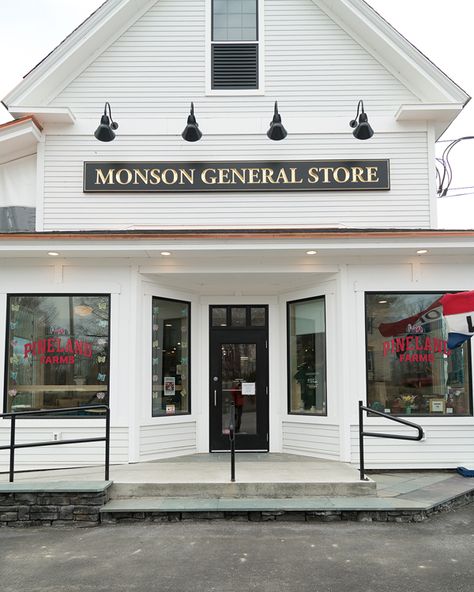 Old General Store Exterior, Painted Brick Storefront Store Fronts, General Store Decorating Ideas, Furniture Store Front Design, Old General Store Fronts, Black And White Storefront Design, Old General Stores Exterior, Small Town General Store, Rustic Store Fronts