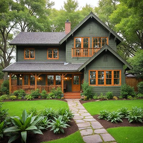 Black Roof Green House Exterior, Dark Green Houses Exterior, Green House Black Door, Bright House Exterior, Green House Brown Trim, Dark Green House Aesthetic, Green Brick House Exterior, Black And Green House, Mcm House Exterior