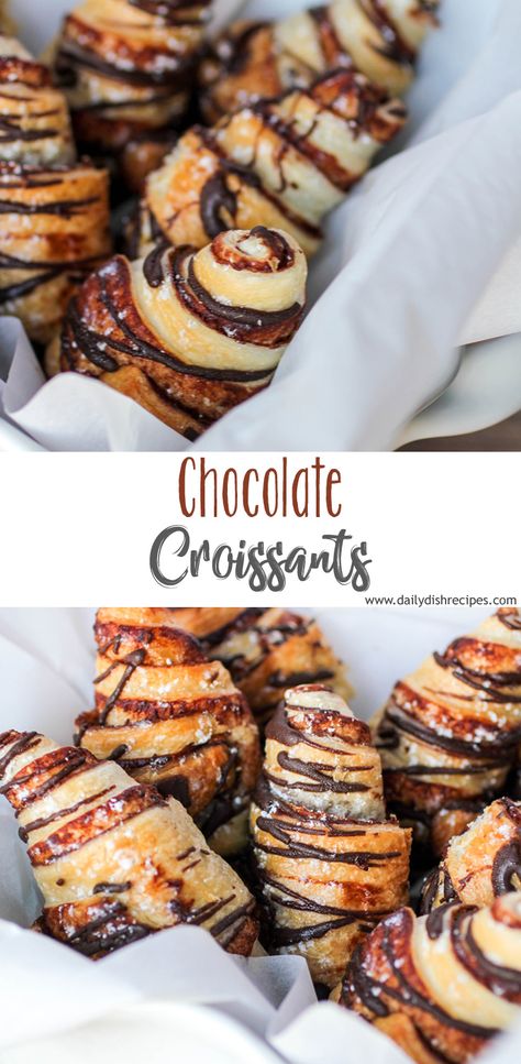 Looking for a quick chocolate fix? These easy chocolate croissants are ready in only 20 minutes and full of chocolate, then drizzled with more chocolate and sprinkled with powdered sugar. A fun and delicious treat, anytime! Sheet Pan Chocolate Croissant, Chocolate Corrisants, Almond Chocolate Croissant Recipe, Crescent Roll Chocolate Croissant, Chocolate Crossaints Recipe, Chocolate Brunch Recipes, Chocolate Crossiants Recipes, Mini Chocolate Croissants, How To Make Chocolate Croissants