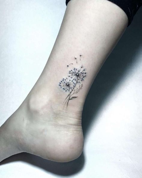 Ankle Tattoo Dandelion, Popular Woman Tattoos, Tiny Dandelion Tattoos For Women, 3 Dandelion Tattoo, Two Dandelion Tattoo, Dandelion Tattoo On Ankle, Wishie Tattoo, Dandelion Foot Tattoo, Dandelion Ankle Tattoo