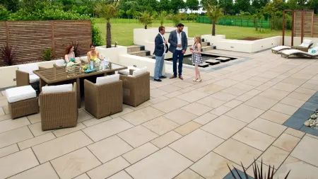 2018 Garden Ideas | Marshalls| Marshalls Outside Restaurant, New Home Landscaping, Sandstone Paving Slabs, Garden Mood Board, Indian Sandstone, Salford City, Wisteria Lane, Sandstone Paving, Pond Garden