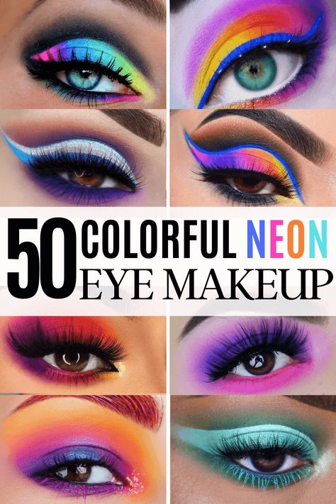 Colorful Neon Eye Makeup | From Neon eye shadow looks, neon eye shadow in bright colors, from green, yellow, orange, hot pink, and blue. Beautiful eye makeup eyes, from neon eyeshadow makeup inspiration  colorful eye makeup, bright eye makeup, dramatic colorful eye makeup, and neon eyeshadow makeup tutorial, perfect for summer. Here you’ll find the best bold ideas for bright neon eye makeup ideas, colorful eyeshadow, neon makeup glitter, and summer festival makeup #neoneyeshadow #neoneyemakeup Subtle Neon Eye Makeup, Bright Neon Eye Makeup, Neon Green Eyeshadow, Bright Eyeshadow Tutorial, Neon Makeup Palette, Festival Eye Makeup, Neon Rainbow Eyeshadow, Yellow Eye Makeup, Rainbow Eye Makeup