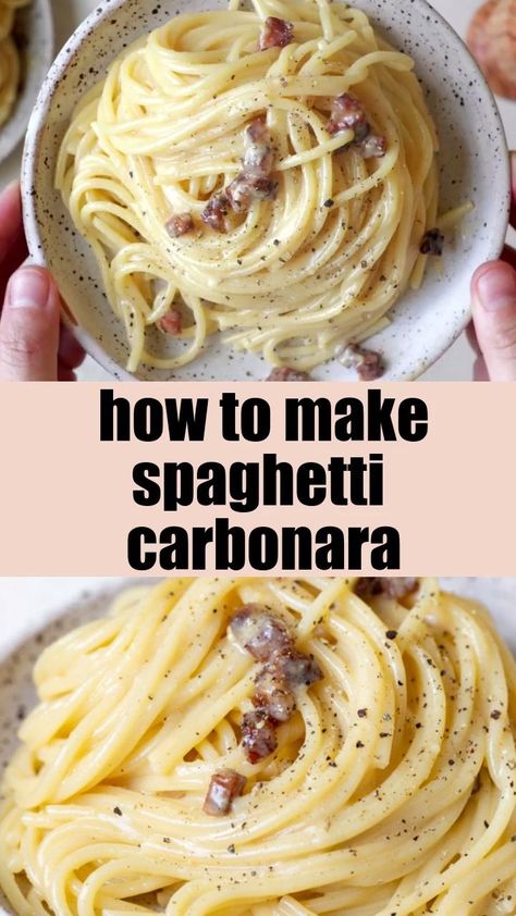 Spaghetti alla Carbonara made with guanciale, Pecorino Romano and eggs. This recipe is made with a traditional creamy sauce, yet uses no cream! Learn all the tips and tricks to make the perfect, restaurant quality carbonara! | #pasta #pastarecipes Carbonara Video, Cabonara Recipes, Authentic Spaghetti, Pasta Alla Carbonara, Resep Pasta, Pecorino Romano, Carbonara Recipe, Pasta Carbonara, Carbonara Pasta