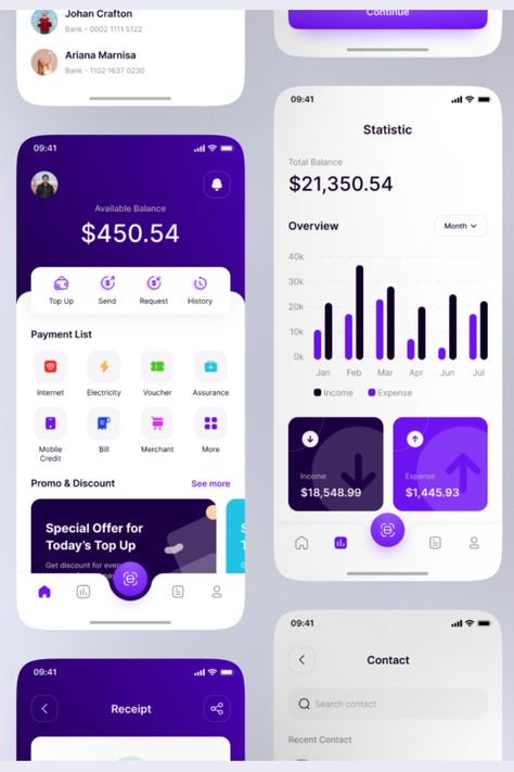 Streamline digital payments & finances with this intuitive E-Wallet app design.  Clean, modern UI/UX ensures secure, easy transaction tracking. Boost user engagement – click to see the Fiverr gig! Financial App Ui Design, Mobile Banking App Ui Design, Finance App Ui Design, Bank App Ui, Fintech Mobile App, Mobile Wallet App, Grocery Shopping App, Fintech App, Application Ui Design