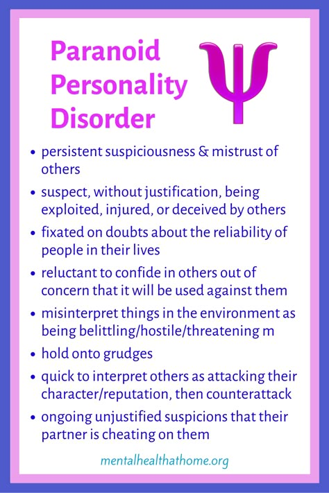 These are some of the symptoms of paranoid personality disorder. It involves high levels of suspicion, but isn't a psychotic disorder. It's normal for some people to have some of these symptoms some of the time; for it to be a disorder, there would need to be significant distress or functional impairment. #personalitydisorders #paranoia #mentalillness #dsm #psychiatricdiagnosis Paranoid Personality, Paranoid Personality Disorder, Psychology Terms, Personality Psychology, Mental Health Nursing, Psychology Disorders, Women Health, Narcissistic Behavior, Mental Disorders