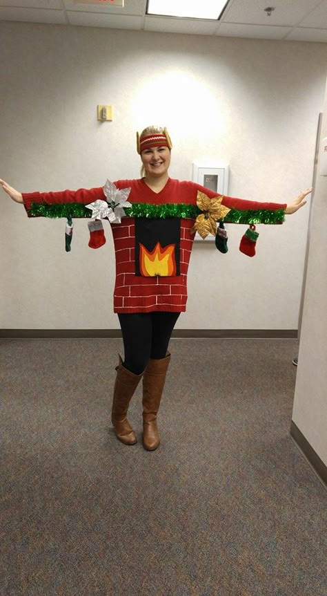 Ugly Christmas Sweater- Fireplace Mantel DIY Ugly Christmas Sweater Diy Funny, Christmas Costumes Women, Diy Christmas Sweater, Christmas Sweater Outfits, Ugly Christmas Sweater Ideas, Ugly Sweater Ideas, Christmas Sweater Ideas, Diy Ugly Christmas Sweater, Ugly Xmas Sweater