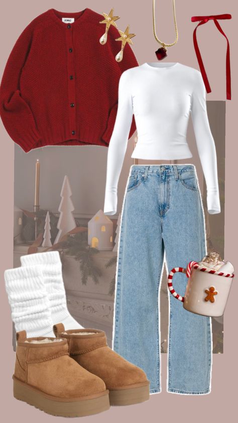 Cozy Red Cardigan and Jeans Christmas Outfit 🎄🛷#winteroutfitinspo #christmasoutfitinspo #christmasoutfitcomfy Christmas Fit Ideas Women, Casual Comfy Christmas Outfit, Cozy Xmas Outfits, Christmas Outfit Uggs, White And Red Christmas Outfit, Cozy Christmas Day Outfit, Cozy Christmas Party Outfit, Red Cardigan Christmas Outfit, Winter Outfits England