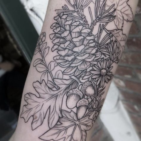 Forest Half Sleeve Tattoo Women, Botanical Forest Tattoo, Forest Floral Tattoo, Pinecones Tattoo, Forest Foliage Tattoo, Autumn Floral Tattoo, Forest Sleeve Tattoo Women, Mule Tattoo, Autumn Leaves Tattoo