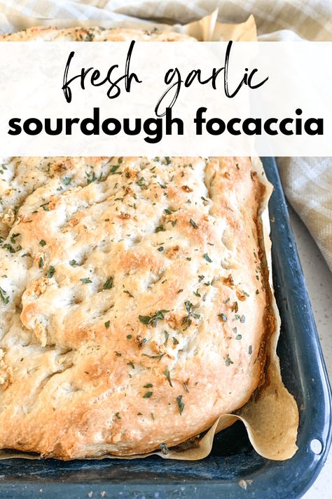 You've got to try this simple sourdough focaccia bread. From a side to go with soup to focaccia pizza, this recipe can be used for many things. It's light, full of flavor, and oh-so easy to whip up. Quick Sourdough Foccacia Recipe, Foccacia Bread Recipes Sourdough, Sourdough Foccacia Bread, Sourdough Foccacia Recipe, Sourdough Focaccia Bread Recipe, Garlic Sourdough, Sourdough Focaccia Recipe, Foccacia Recipe, Sourdough Breads