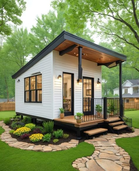 Small House With Garden, Craftsman Tiny House, Tiny House Plans Small Cottages, Tiny Beach House, House Awnings, Tiny House Cottage, Tiny Loft, Tiny House Village, Tiny House Exterior