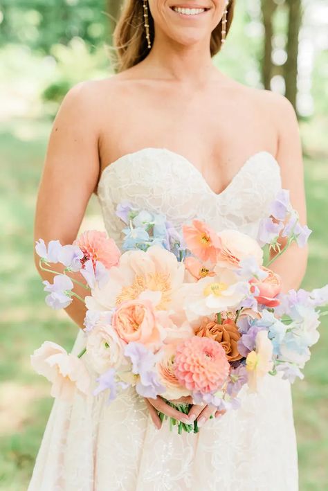 A rainbow of pastels against a neutral backdrop at Natirar Mansion Wedding Colourful Flowers, Bright Spring Wedding Flowers, Colorful Pastel Wedding Flowers, Rainbow Pastel Wedding Theme, Soft Pastel Wedding Flowers, Pastel Colorful Bouquet, Rainbow Flower Wedding, Pastel Rainbow Wedding Flowers, Pastel Flower Arch Wedding