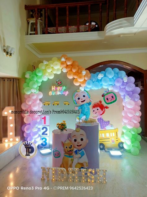 Cocomelon Decoration Ideas, Cocomelon Birthday Theme Decoration, Cocomelon Party Ideas For Boy, Cocomelon Theme Birthday Party, Baby Birthday Invitation Card, Mickey Birthday Cakes, Digital Invitations Birthday, Cocomelon Theme, Combined Birthday Parties