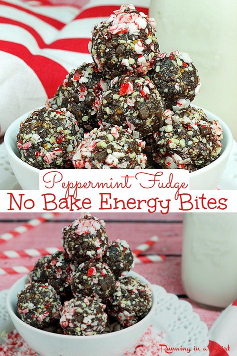 Peppermint Fudge No Bake Energy Bites - A Clean Eating Healthy Holiday Treat for Christmas. Easy and homemade for kids, for school, for adults or even for gifts. Made with dates, almonds and cocoa powder. Healthy balls for holiday snacks. Clean Eating, Vegan, Vegetarian, Gluten Free, Keto. / Running in a Skirt #Christmas #healthyliving #keto #glutenfree #vegan #veganchristmas #christmascookie Gingerbread Balls, Peppermint Desserts Christmas, Recipe With Dates, Energy Bites Recipe, Energy Bite, Healthy Christmas Treats, Bread Bites, Healthy Christmas Cookies, No Bake Energy